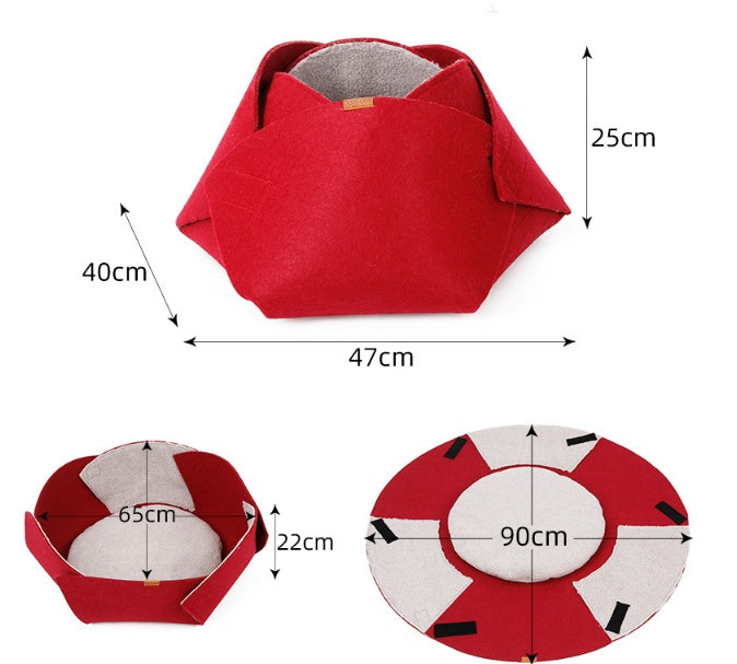 HKM-924051 Four Seasons Removable Felt Cat Nest with Lamb Down, 47x40x25 cm, Red