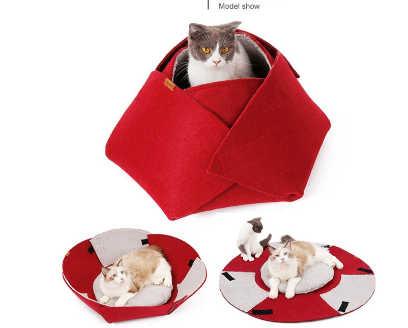HKM-924051 Four Seasons Removable Felt Cat Nest with Lamb Down, 47x40x25 cm, Red