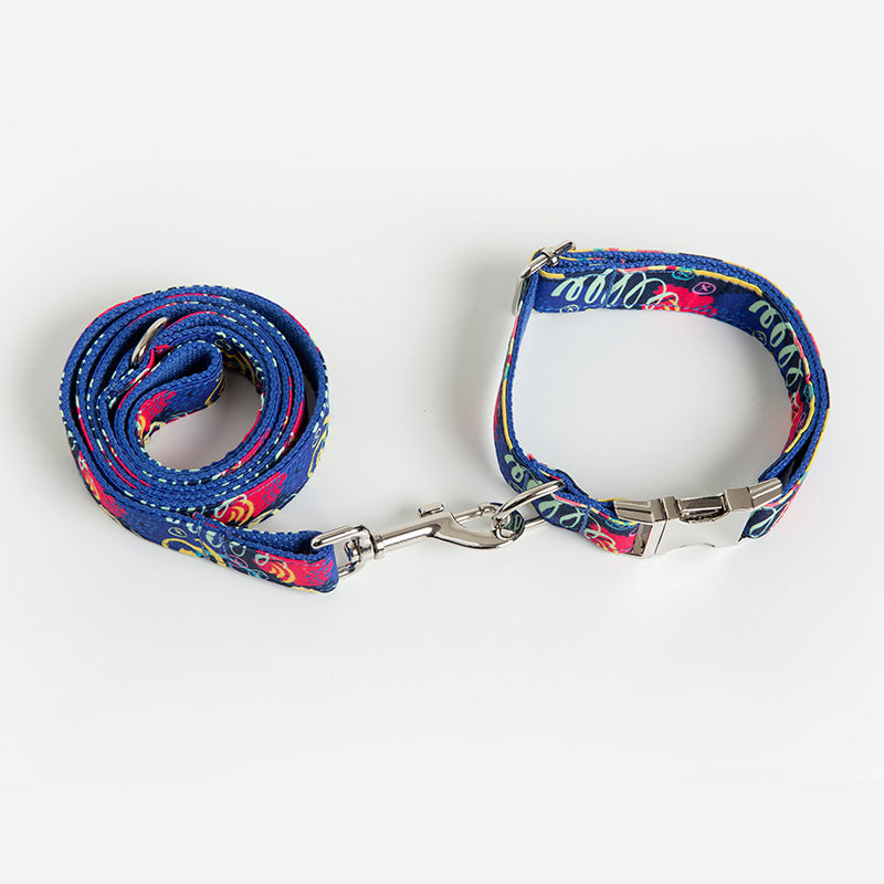 HKM-393875 Graffiti Print Pet Collar and Leash Set in Blue