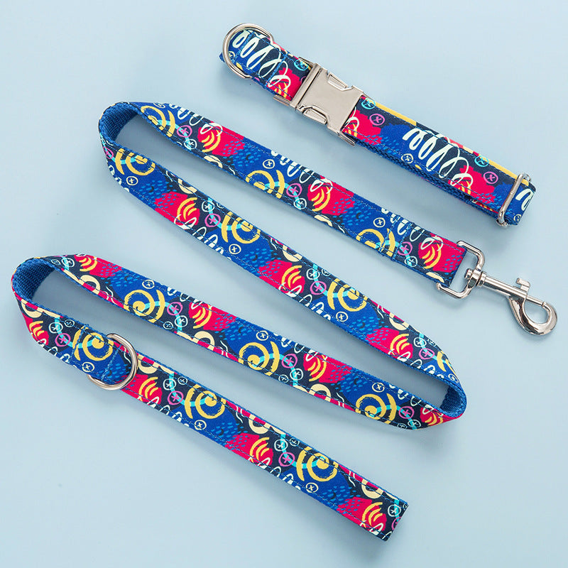 HKM-393875 Graffiti Print Pet Collar and Leash Set in Blue