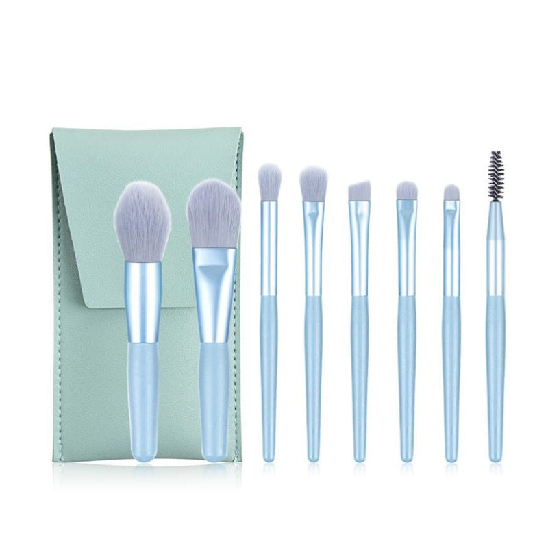 HKM-756179 Portable Soft Hair Makeup Brush Set - 8 Brushes in Pink, Khaki, Blue, Green, Lightweight EVA Pack