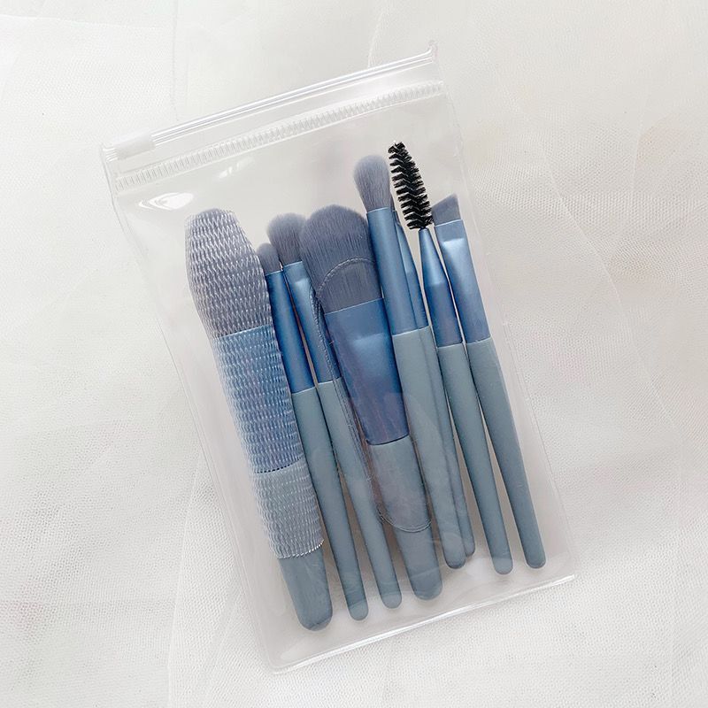 HKM-756179 Portable Soft Hair Makeup Brush Set - 8 Brushes in Pink, Khaki, Blue, Green, Lightweight EVA Pack