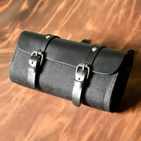 HKM-647123 Waterproof Canvas Motorcycle Saddle Bags - Original Cowhide Leather Tool Bag, Vintage Style, Soft and Versatile