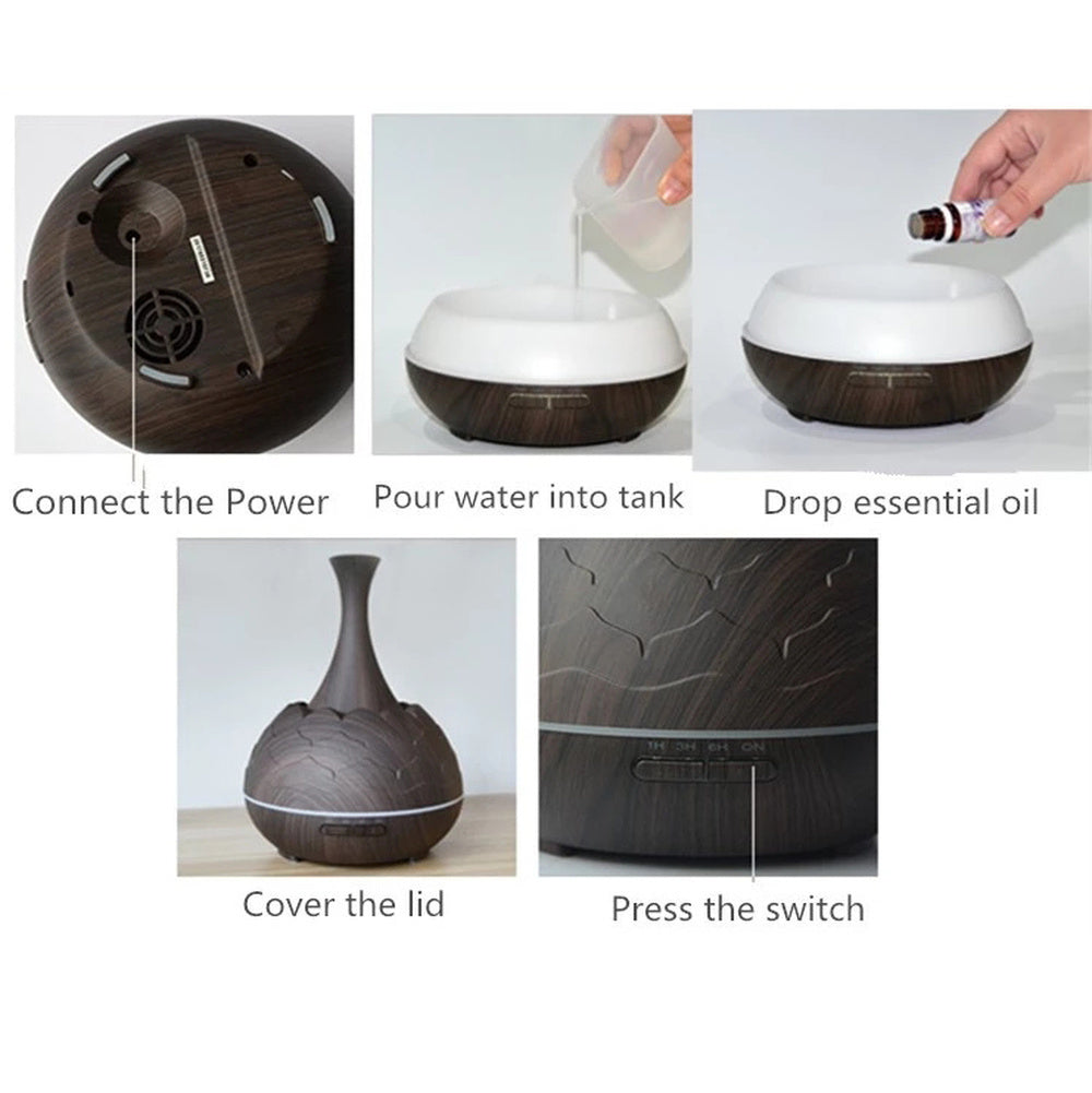 HKM-271443 Wood Grain Aroma Diffuser with Colorful LED Light and 400ML Capacity