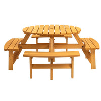 HKM-204499 Natural Wood Outdoor Picnic Table with 4 Built-in Benches for Camping and Gatherings