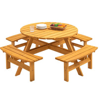 HKM-204499 Natural Wood Outdoor Picnic Table with 4 Built-in Benches for Camping and Gatherings