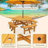 HKM-204499 Natural Wood Outdoor Picnic Table with 4 Built-in Benches for Camping and Gatherings