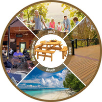 HKM-204499 Natural Wood Outdoor Picnic Table with 4 Built-in Benches for Camping and Gatherings