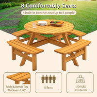 HKM-204499 Natural Wood Outdoor Picnic Table with 4 Built-in Benches for Camping and Gatherings