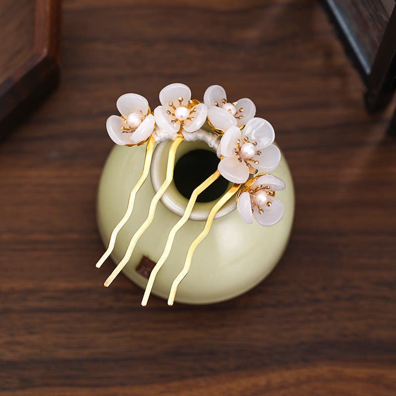 HKM-312403 Handmade Antique Jade Headdress Hairpin with Beaded Petals – Geometric Women's Accessory