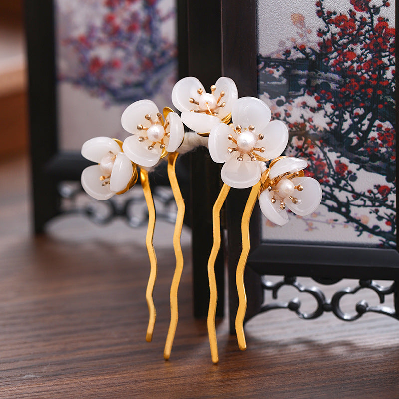 HKM-312403 Handmade Antique Jade Headdress Hairpin with Beaded Petals – Geometric Women's Accessory