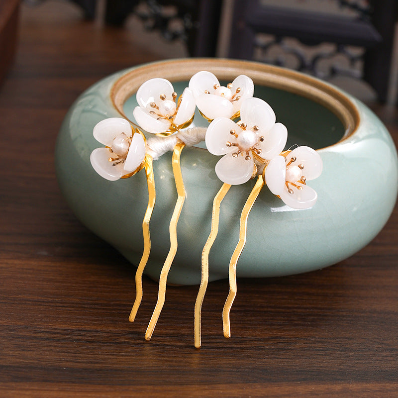 HKM-312403 Handmade Antique Jade Headdress Hairpin with Beaded Petals – Geometric Women's Accessory