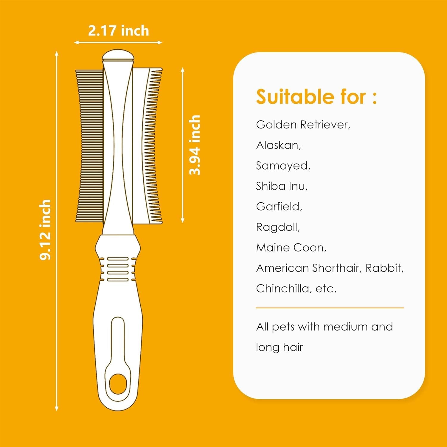 HKM-330835 2-in-1 Dog and Cat Deshedding Brush with Dual-Sided Comb for Effective Grooming of Short, Medium, or Long Hair
