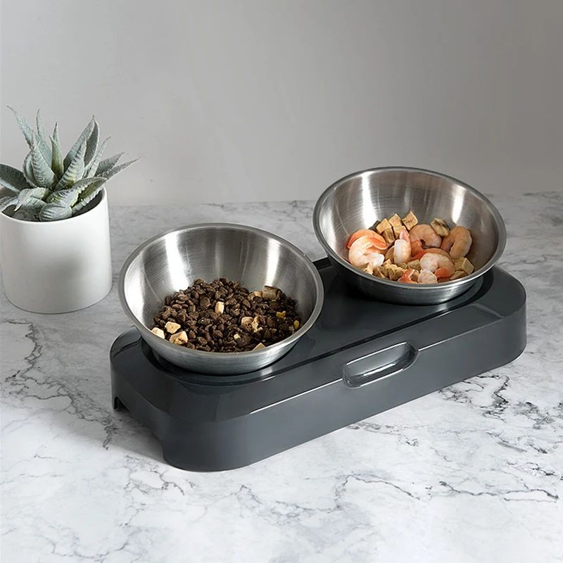 HKM-914003 Adjustable Stainless Steel Pet Bowl with Stand - Elevated Double Feeder for Dogs and Cats - Easy Clean Non-Slip Design