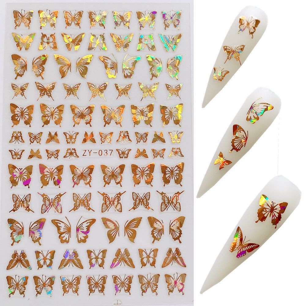HKM-006035 Butterfly Nail Stickers in Gold and Silver Laser Finish