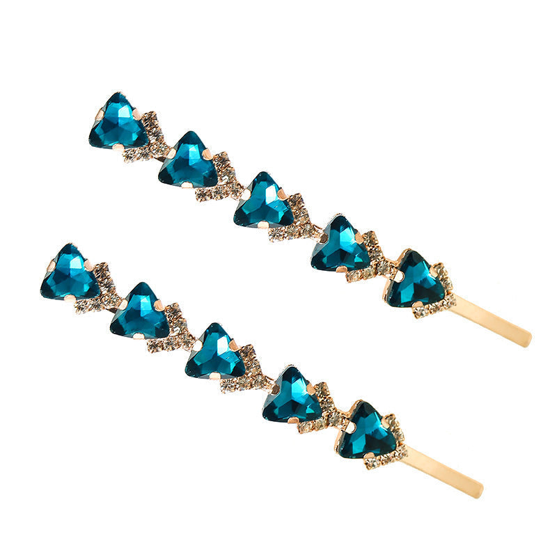 HKM-782355 Elegant Rhinestone Hairpin with Floral Design - Multi-Color Triangle Crystal Clips for Women
