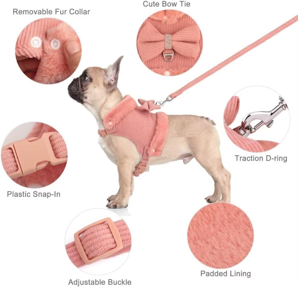 HKM-259667 Adjustable Small Dog Harness and Leash Set with Removable Fur Collar, Soft Padded Design, Quick Release Buckles, Includes Bow Tie, Perfect for Girls
