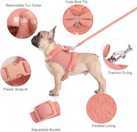 HKM-259667 Adjustable Small Dog Harness and Leash Set with Removable Fur Collar, Soft Padded Design, Quick Release Buckles, Includes Bow Tie, Perfect for Girls