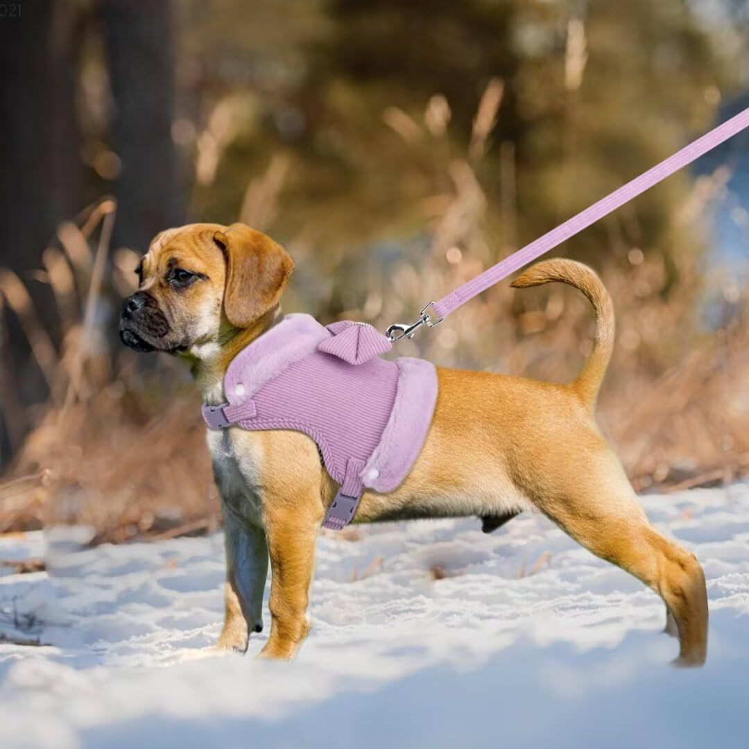 HKM-259667 Adjustable Small Dog Harness and Leash Set with Removable Fur Collar, Soft Padded Design, Quick Release Buckles, Includes Bow Tie, Perfect for Girls