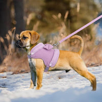 HKM-259667 Adjustable Small Dog Harness and Leash Set with Removable Fur Collar, Soft Padded Design, Quick Release Buckles, Includes Bow Tie, Perfect for Girls