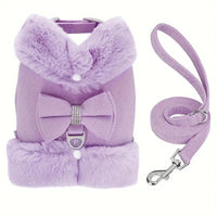 HKM-259667 Adjustable Small Dog Harness and Leash Set with Removable Fur Collar, Soft Padded Design, Quick Release Buckles, Includes Bow Tie, Perfect for Girls