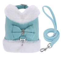 HKM-259667 Adjustable Small Dog Harness and Leash Set with Removable Fur Collar, Soft Padded Design, Quick Release Buckles, Includes Bow Tie, Perfect for Girls