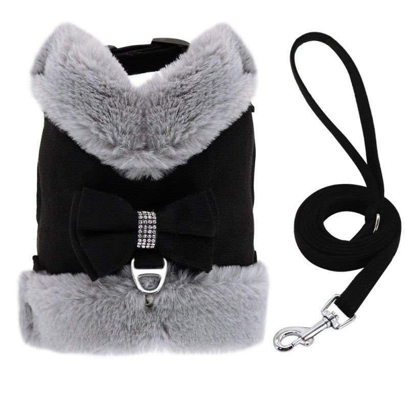 HKM-259667 Adjustable Small Dog Harness and Leash Set with Removable Fur Collar, Soft Padded Design, Quick Release Buckles, Includes Bow Tie, Perfect for Girls
