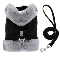 HKM-259667 Adjustable Small Dog Harness and Leash Set with Removable Fur Collar, Soft Padded Design, Quick Release Buckles, Includes Bow Tie, Perfect for Girls