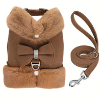 HKM-259667 Adjustable Small Dog Harness and Leash Set with Removable Fur Collar, Soft Padded Design, Quick Release Buckles, Includes Bow Tie, Perfect for Girls