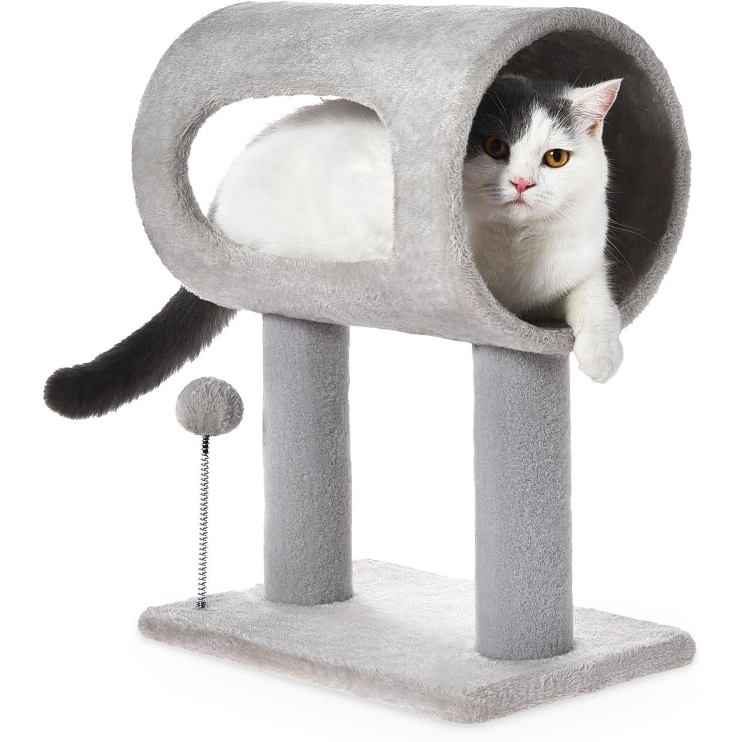 HKM-659923 Gray Indoor Cat Tree with Tunnel, Scratching Posts, and Hanging Balls for Playful Cats