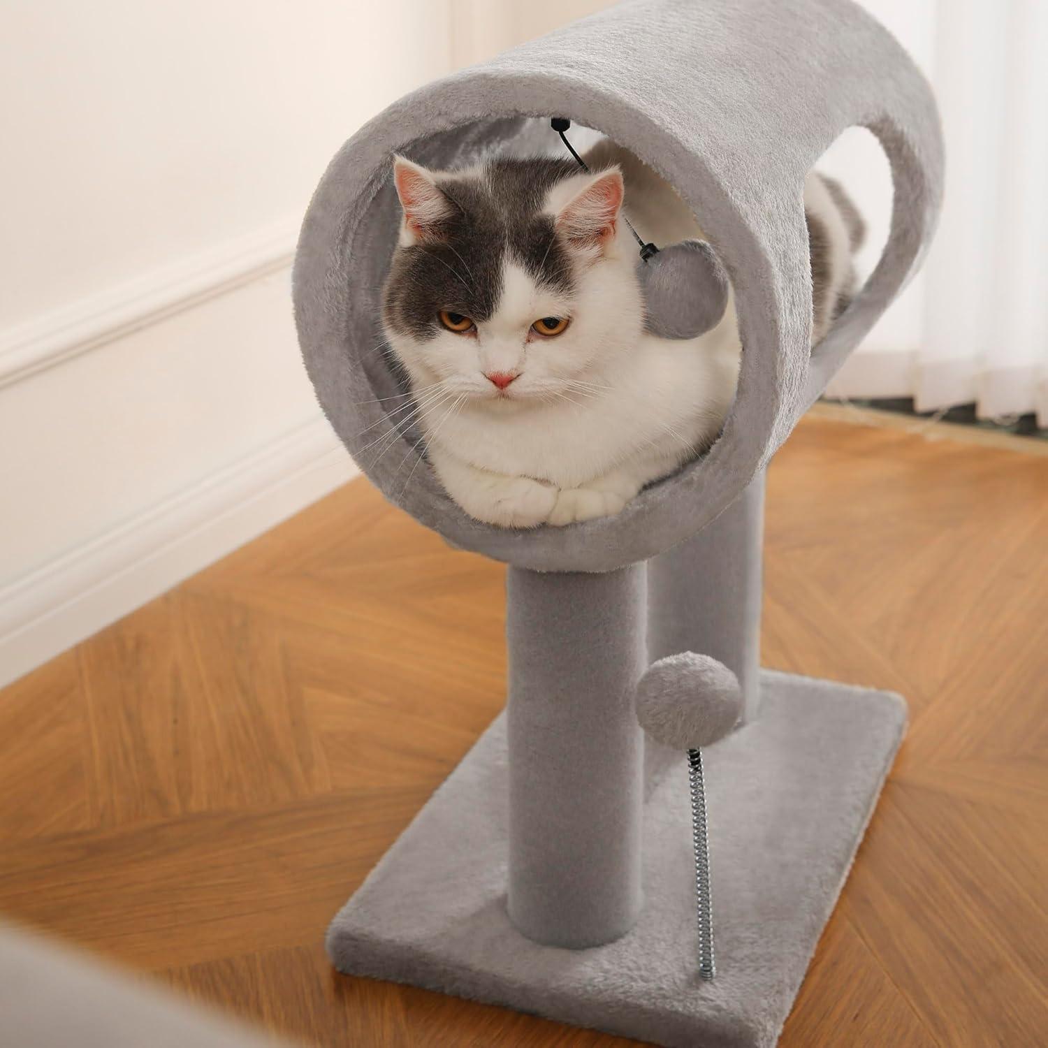 HKM-659923 Gray Indoor Cat Tree with Tunnel, Scratching Posts, and Hanging Balls for Playful Cats