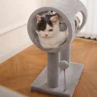 HKM-659923 Gray Indoor Cat Tree with Tunnel, Scratching Posts, and Hanging Balls for Playful Cats