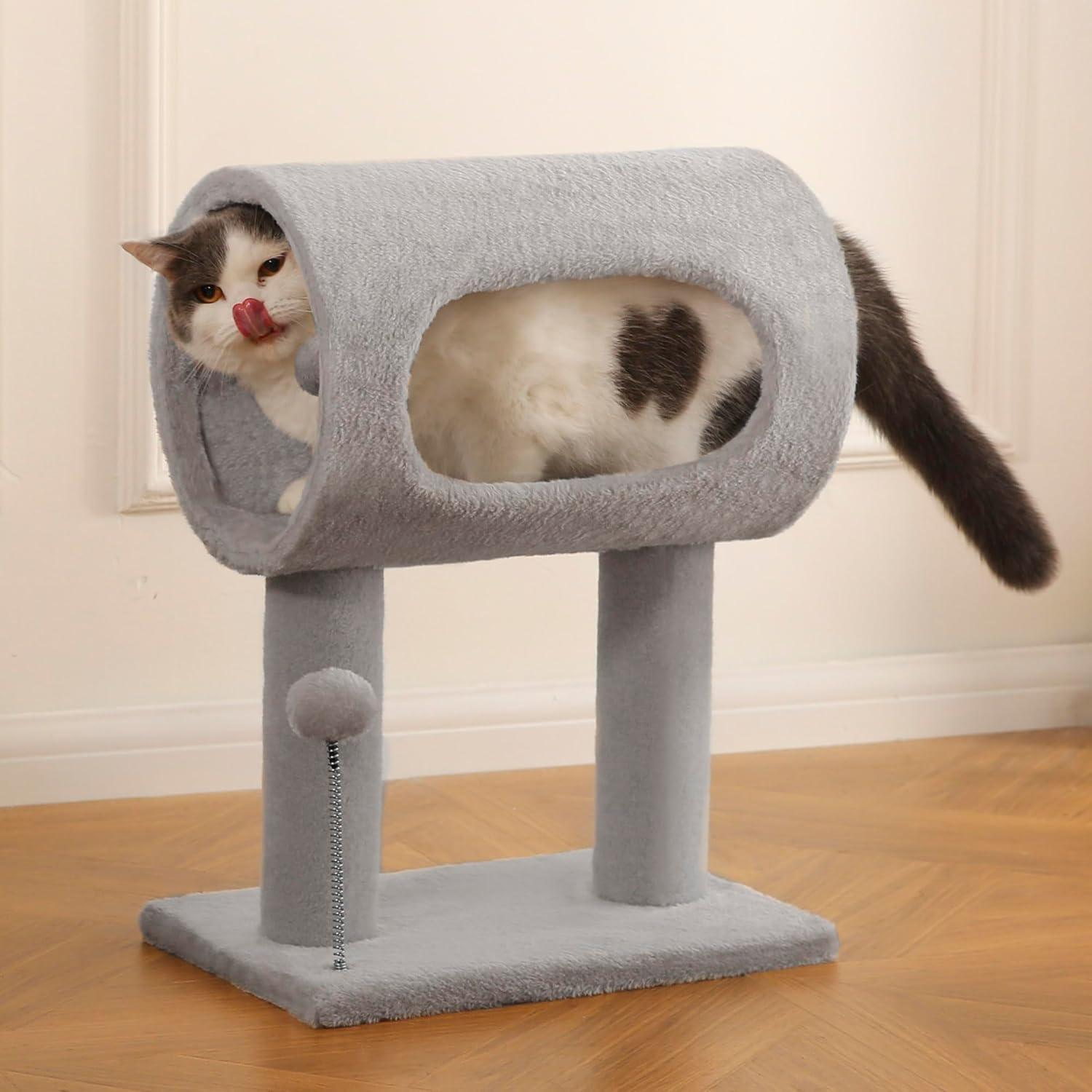 HKM-659923 Gray Indoor Cat Tree with Tunnel, Scratching Posts, and Hanging Balls for Playful Cats