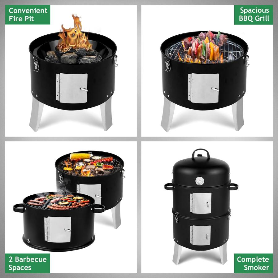 HKM-845203 Cylindrical Charcoal Grill Smoker - Double-Walled Design, 47x41.5x82cm