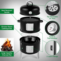 HKM-845203 Cylindrical Charcoal Grill Smoker - Double-Walled Design, 47x41.5x82cm