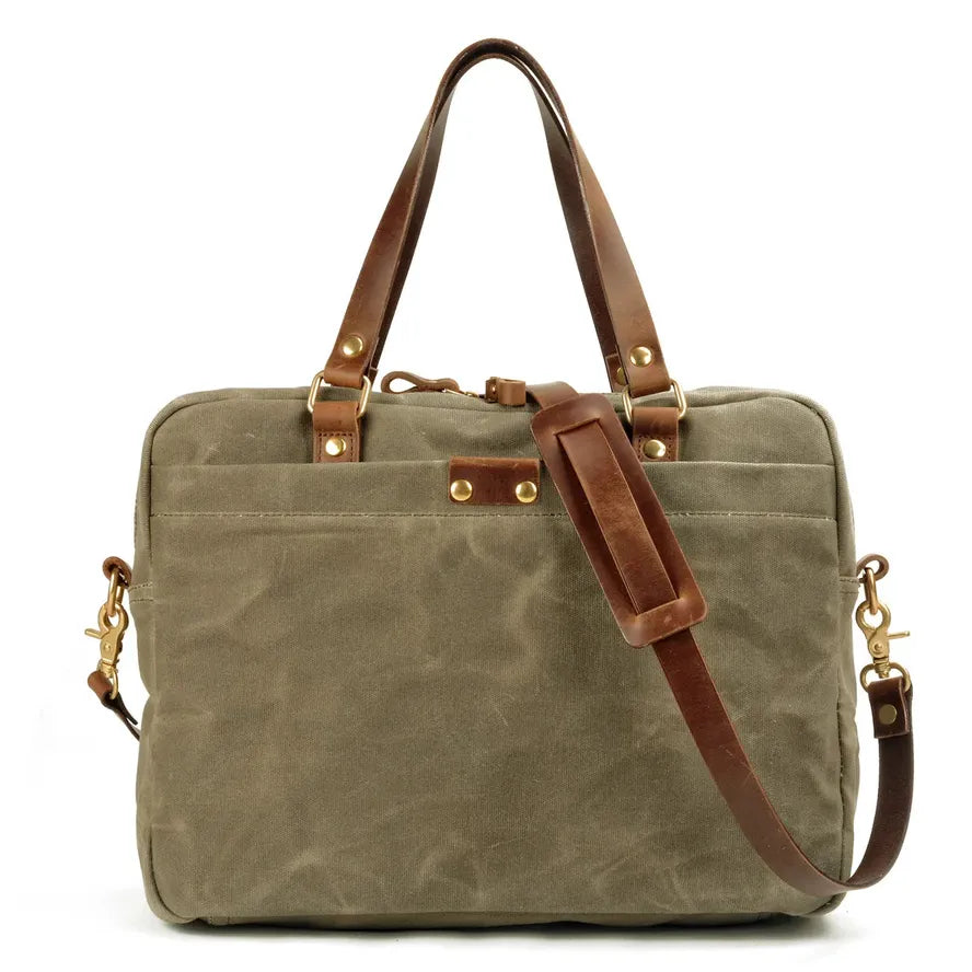 HKM-201427 Waxed Canvas and Leather Business Briefcase for 15.6 Inch Laptops - Retro Style, Waterproof, Multiple Colour Options