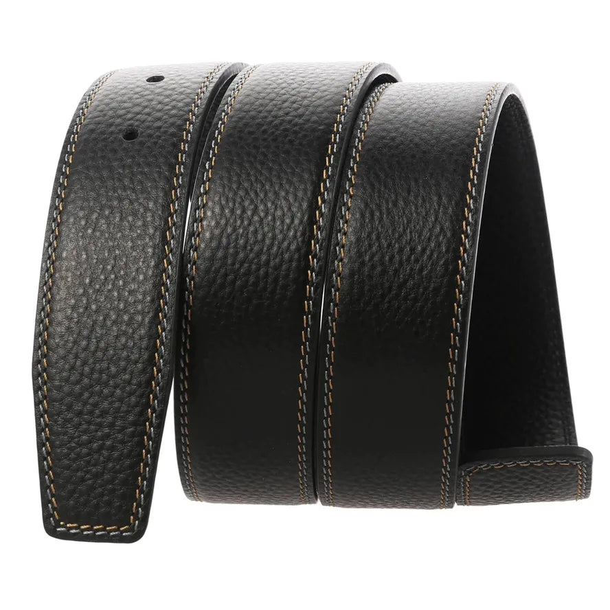 HKM-526099 Black Leather Belt with 3.4CM Perforated Pin Buckle - Versatile Fashion Accessory