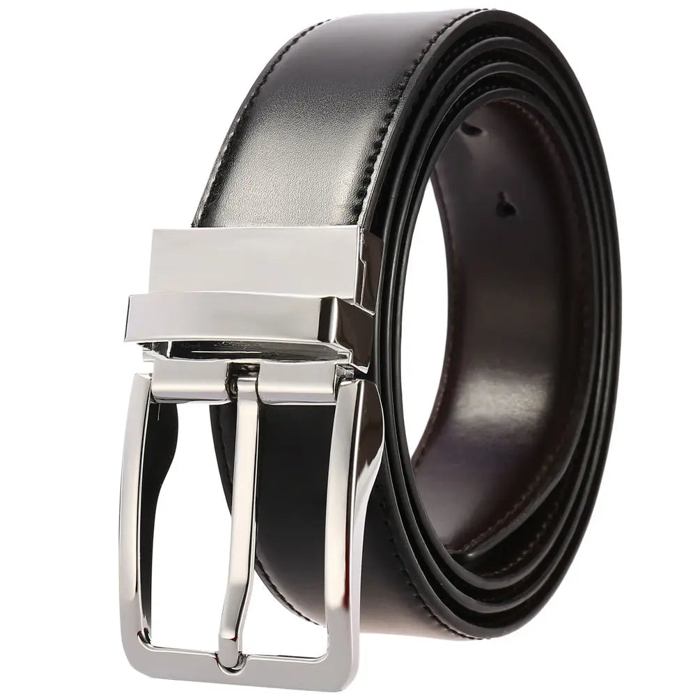 HKM-328339 Men's Reversible Leather Waist Belt with Pin Buckle Design