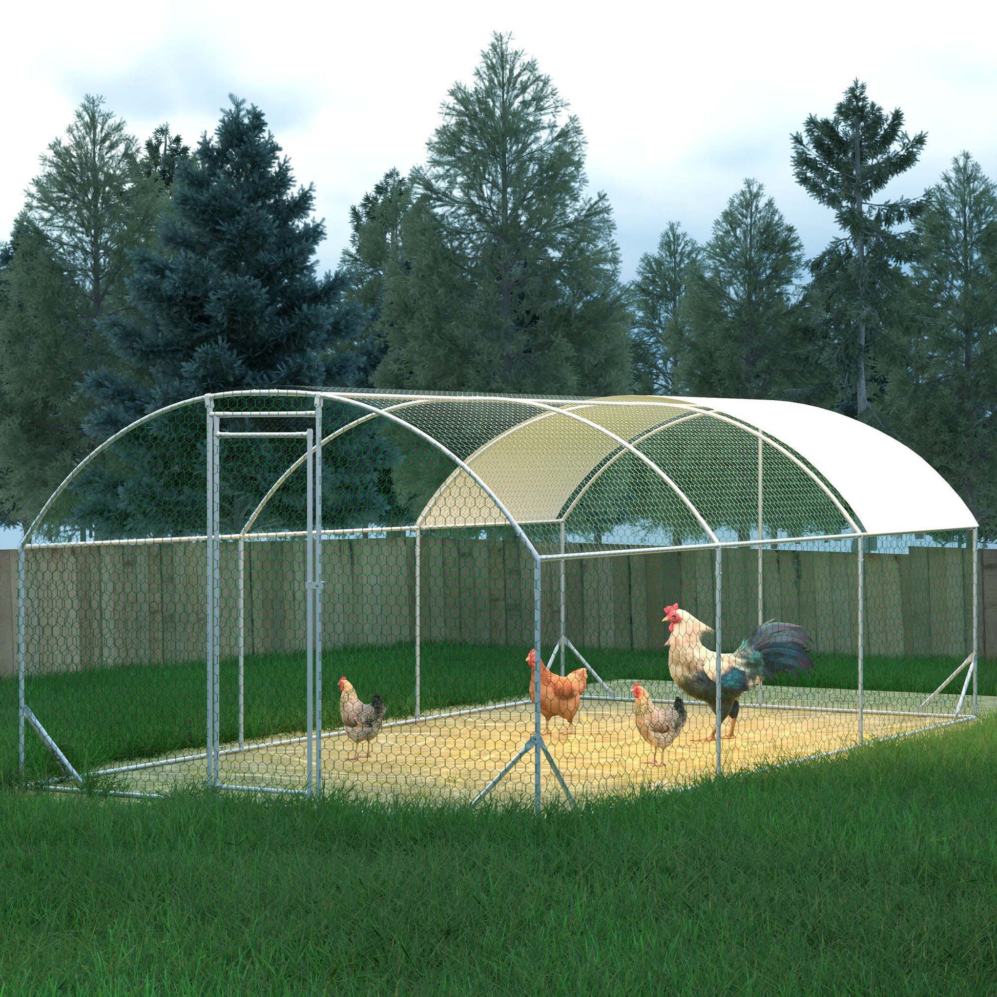 HKM-891603 Spacious Large Metal Chicken Coop with Waterproof Anti-UV Cover, Walk-In Chicken Run for Outdoor Use - 9.84 x 19.68 x 6.56 Ft