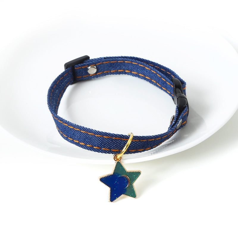 HKM-470611 Denim Pet Collar with Adjustable Chain and Five-Pointed Star Pendant