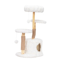 HKM-675731 Modern Cat Tower with Natural Wood Branches, Indoor Cat Condo and Playhouse in White, Comfortable Plush Beds and Scratching Posts