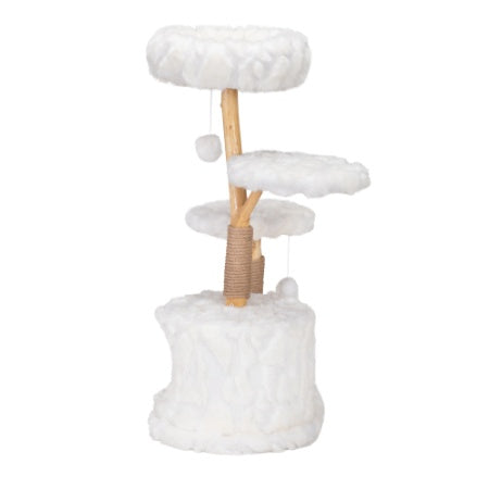 HKM-675731 Modern Cat Tower with Natural Wood Branches, Indoor Cat Condo and Playhouse in White, Comfortable Plush Beds and Scratching Posts