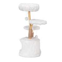 HKM-675731 Modern Cat Tower with Natural Wood Branches, Indoor Cat Condo and Playhouse in White, Comfortable Plush Beds and Scratching Posts