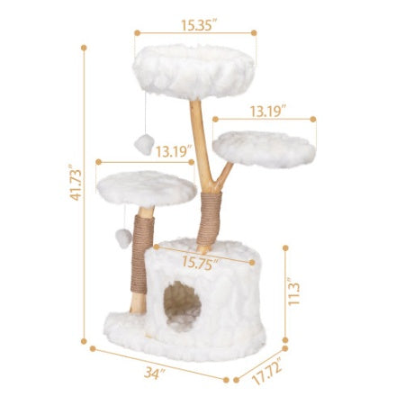 HKM-675731 Modern Cat Tower with Natural Wood Branches, Indoor Cat Condo and Playhouse in White, Comfortable Plush Beds and Scratching Posts