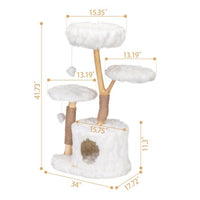 HKM-675731 Modern Cat Tower with Natural Wood Branches, Indoor Cat Condo and Playhouse in White, Comfortable Plush Beds and Scratching Posts