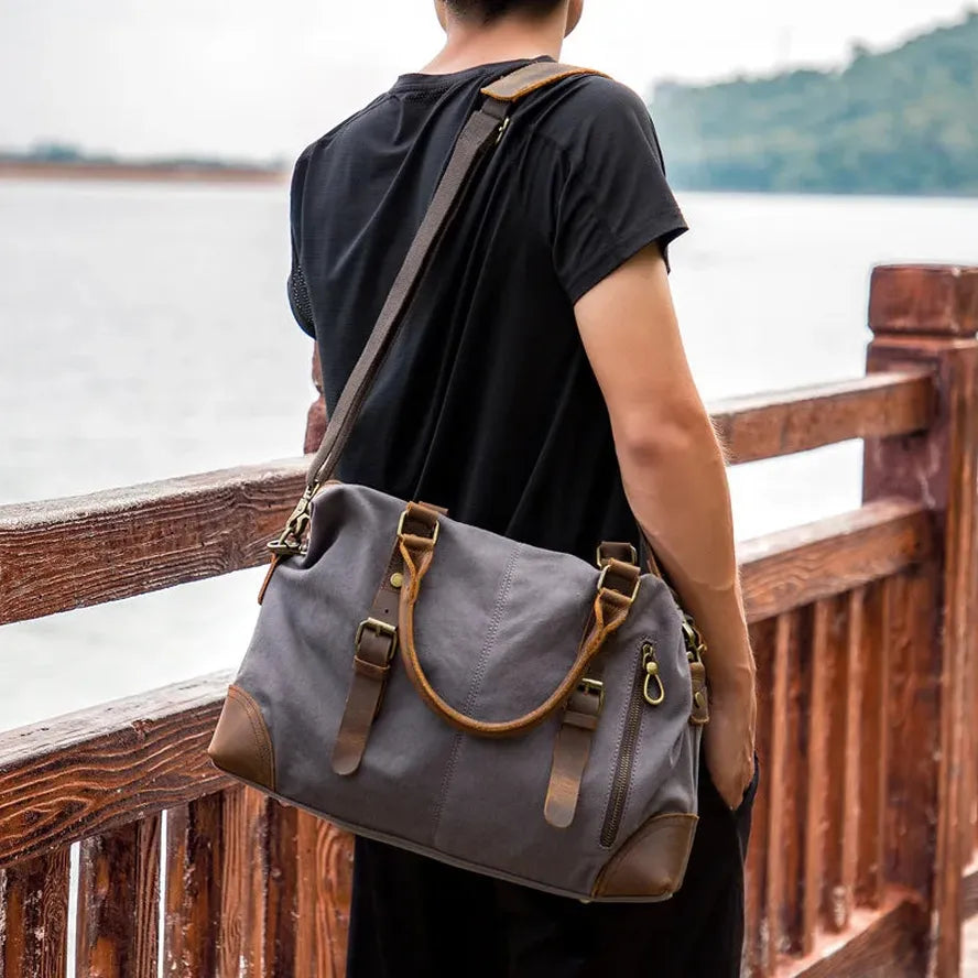 HKM-989011 Men's Casual Canvas Cross-Shoulder Bag with Cowhide Leather for Outdoor Travel and Laptop Use