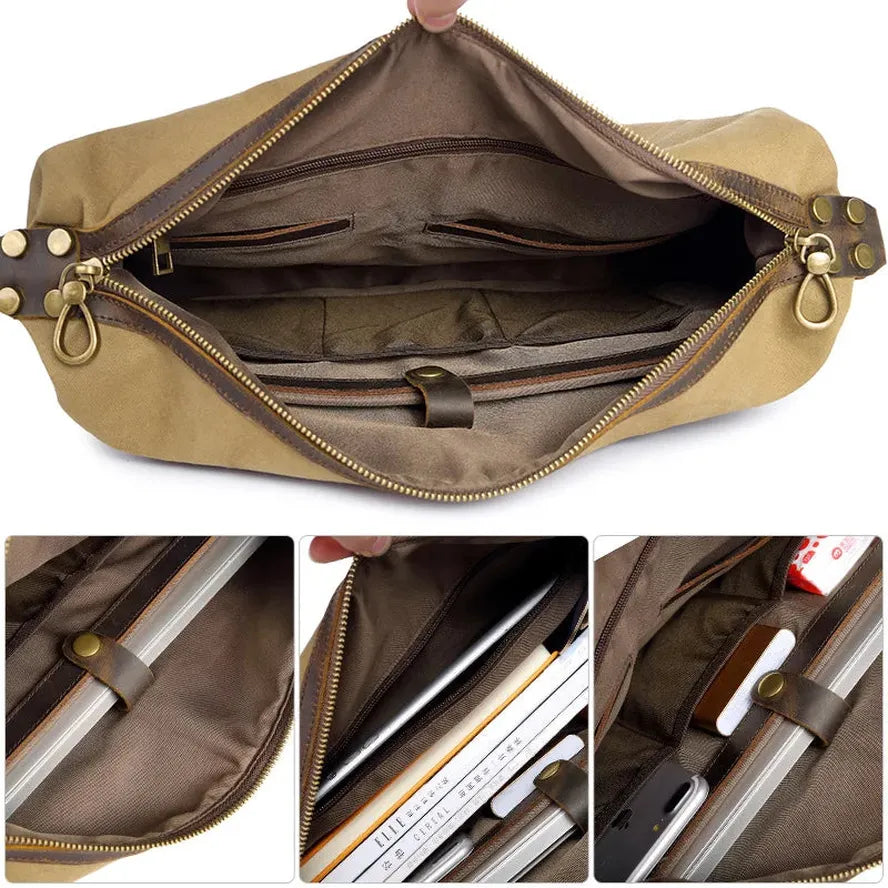 HKM-989011 Men's Casual Canvas Cross-Shoulder Bag with Cowhide Leather for Outdoor Travel and Laptop Use