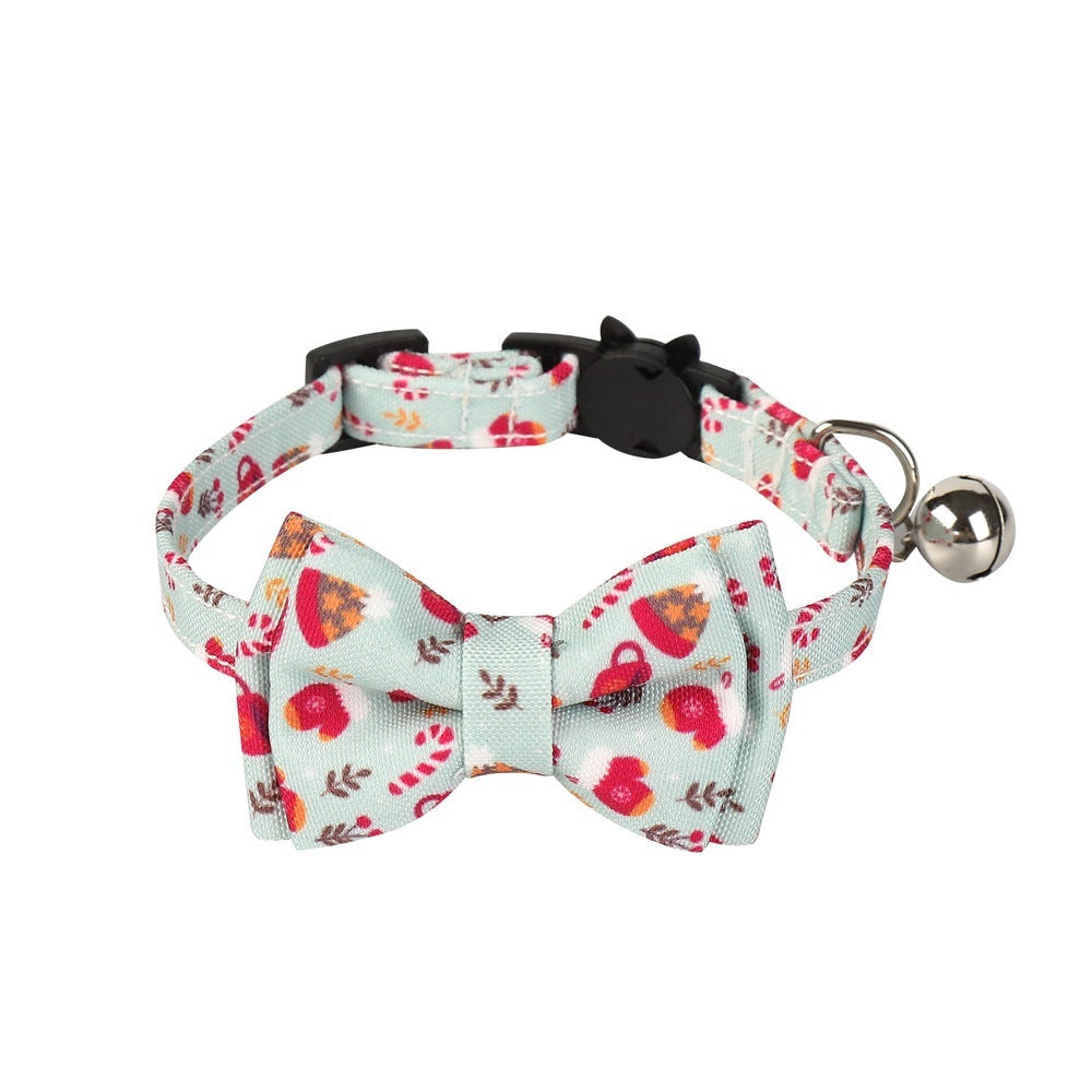 HKM-072787 Christmas-Themed Bow Tie Dog Collar for Cats - Festive Fabric Design