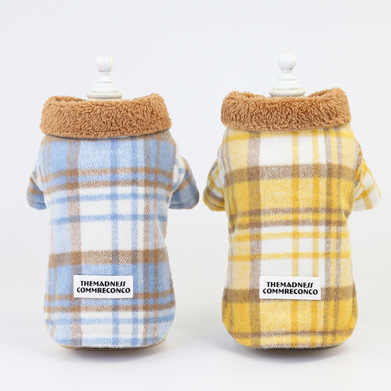HKM-342867 Plaid Cotton Two-Leg Dog Coat in Blue and Yellow with Double-Sided Fleece Lining
