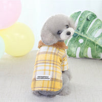HKM-342867 Plaid Cotton Two-Leg Dog Coat in Blue and Yellow with Double-Sided Fleece Lining